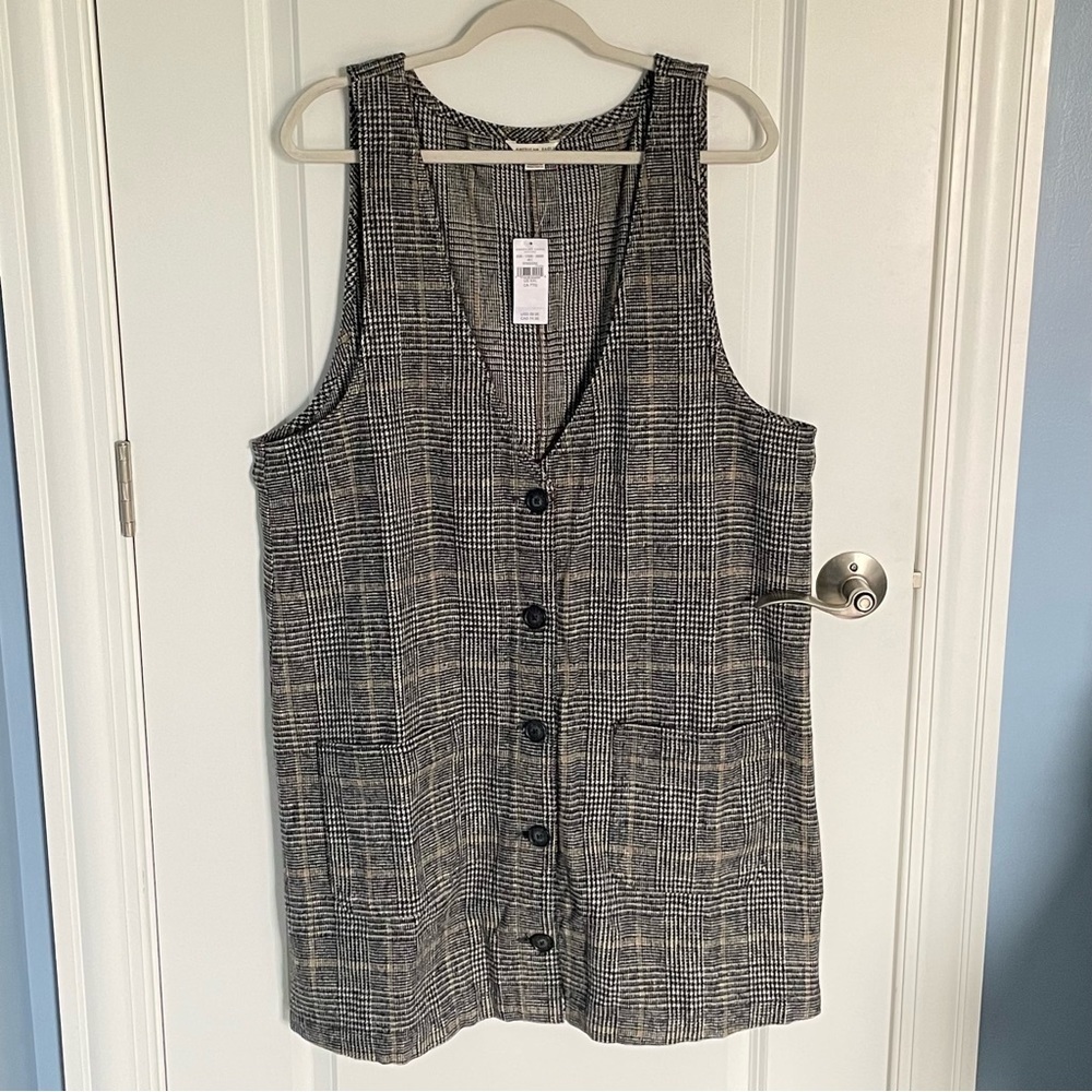 New! American Eagle Black/Tan Plaid Button Front Vest Mini Dress NWT - 35589 - Picture 2 of 14